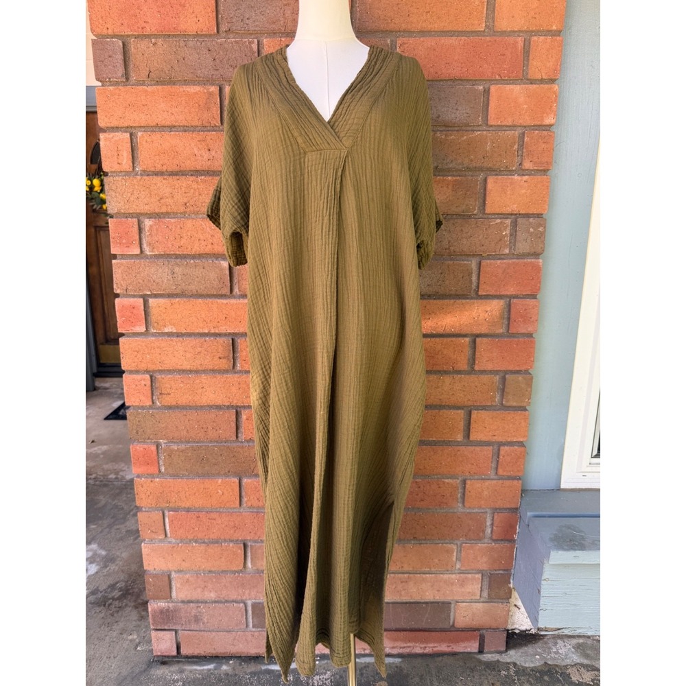 Honest Cotton Tulum Guaze Dress V Neck Loose Summer Maxi | Green | One Size